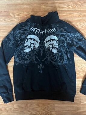 Affliction Black Hoodie with Gray Skull Twin Graphic